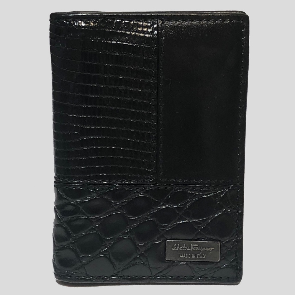 Salvatore Ferragamo Black Card Holder Crocodile, Lizard, & Calf Leather.